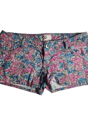 SO Floral Denim Shorts Juniors Size 11 Pink Blue Y2K Low Rise Summer